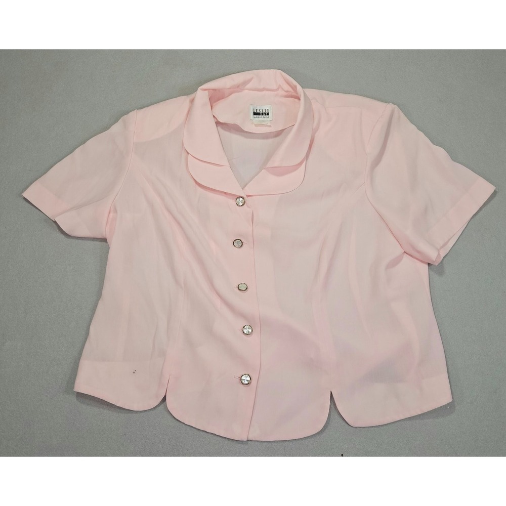 Vintage Leslie Fay Dresses Womens 22WP Pink 2 Piece Skirt Set Scalloped Rhinesto - Picture 2 of 15